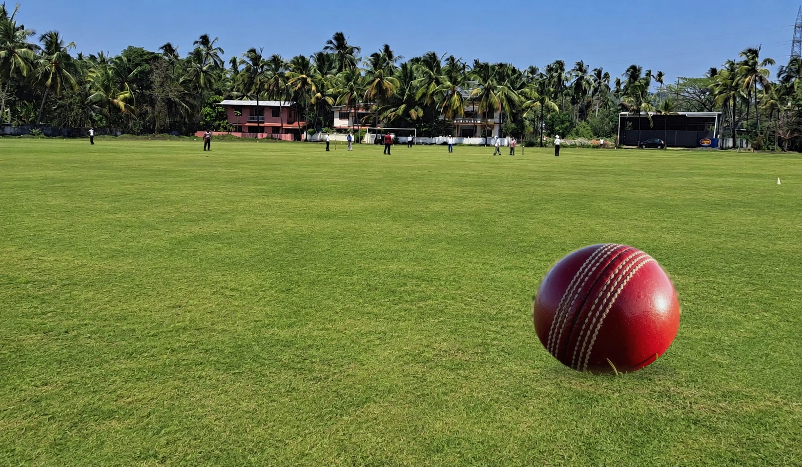A red cricket ball resting on a natural cricket field