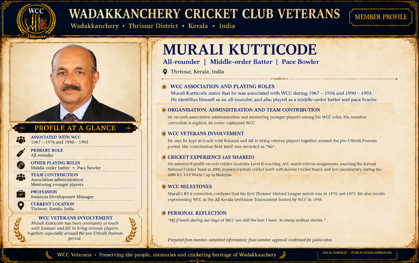 Final approved WCC Veterans member profile of Murali Kutticode in the approved Bhanu-structure layout