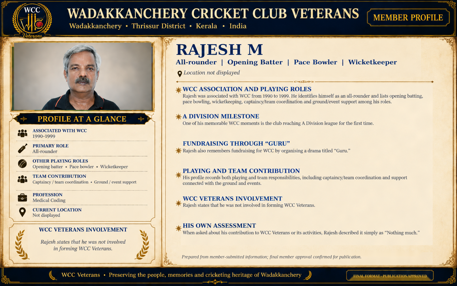 Final approved WCC Veterans member profile artwork of Rajesh M